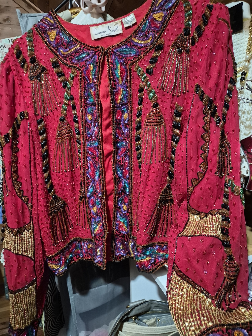 Vintage 80's Laurence Kazar Embellished Tassel Beaded Red Jacket Top